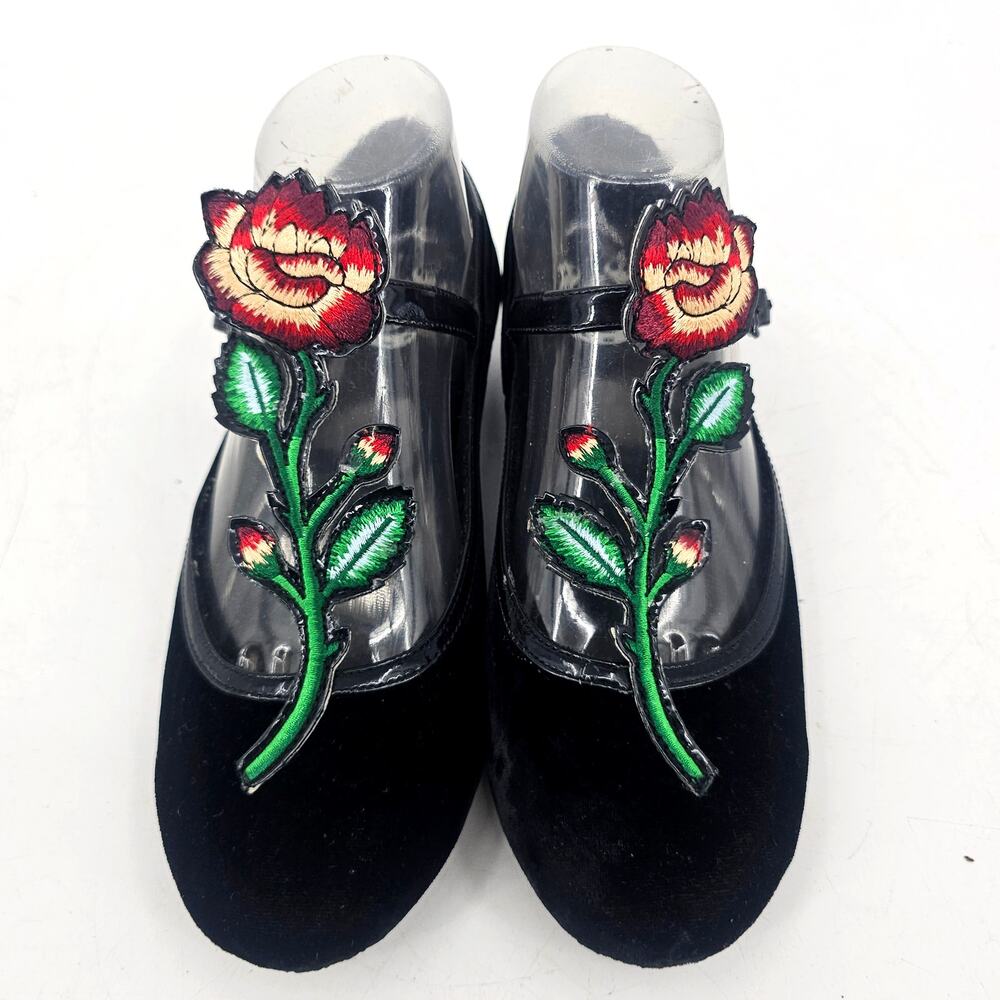 Miss L Fire Black Velvet Floral Embroidered Mary Jane Flats Ballet Shoe 37 6.5